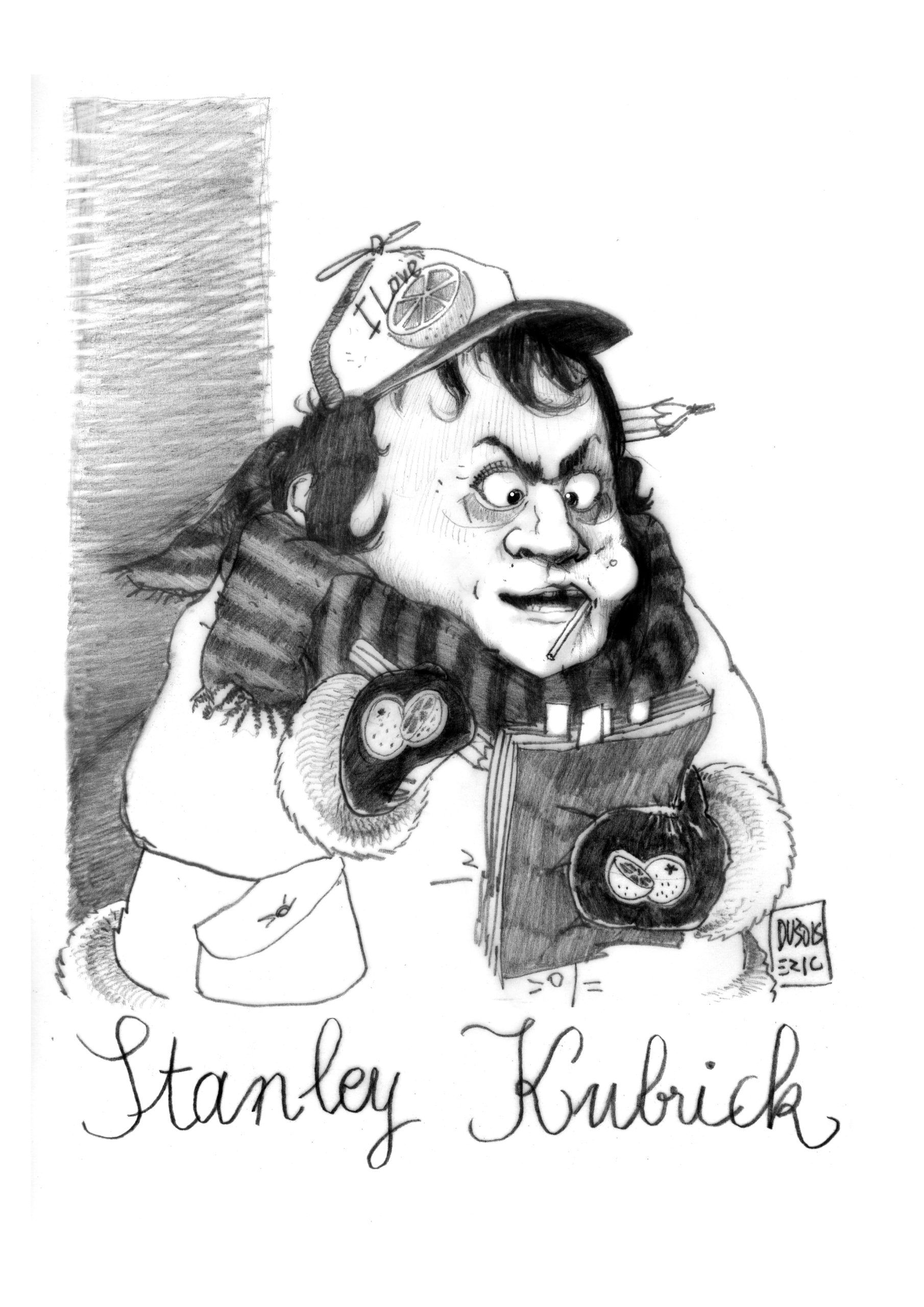 Pencil imaginary sketch of Stanley Kubrick as a 12 year old with pencil, clipboard, baseball cap.