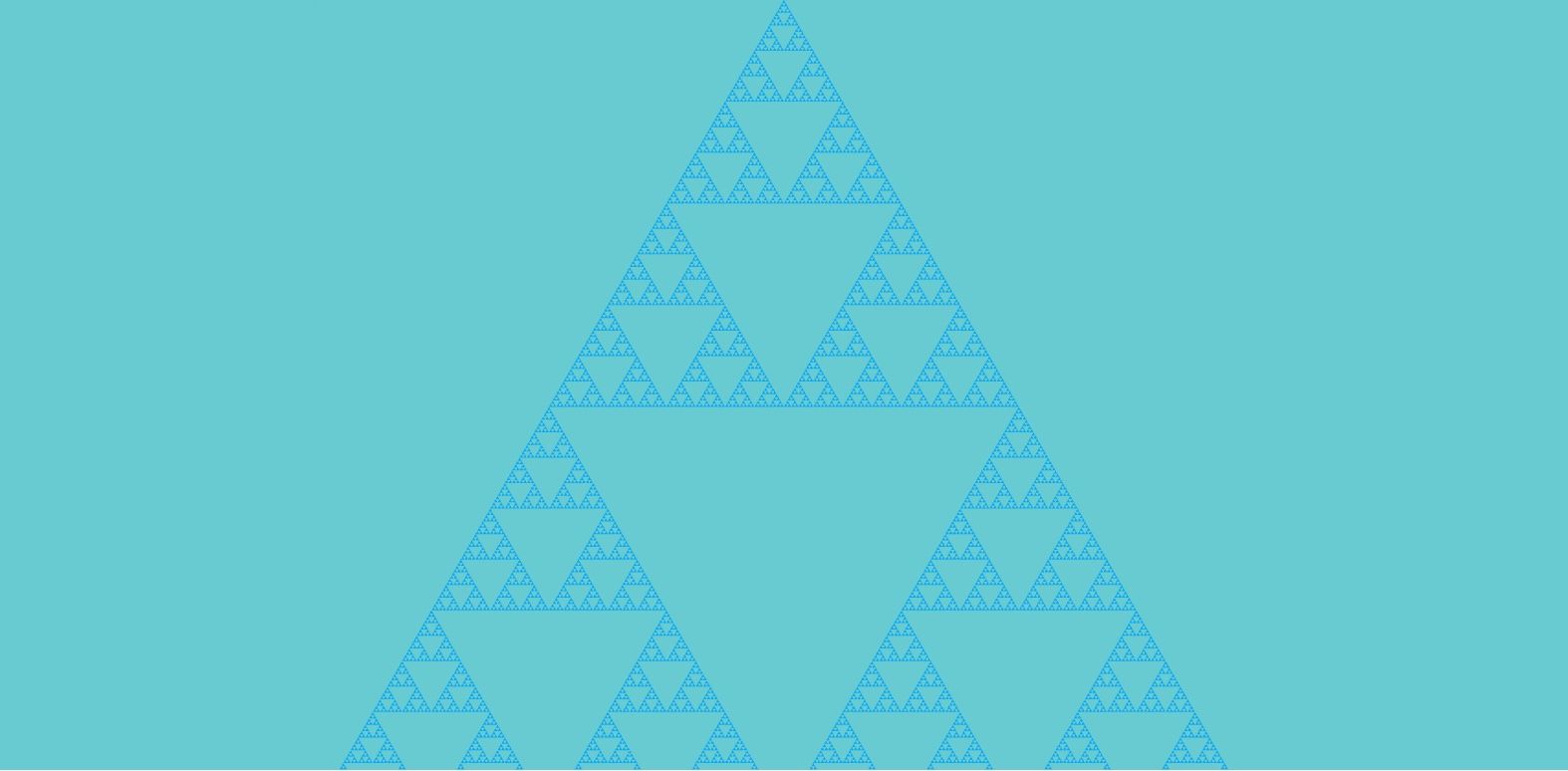 A fractal triangle known as Sierpinski triangle on a teal background.