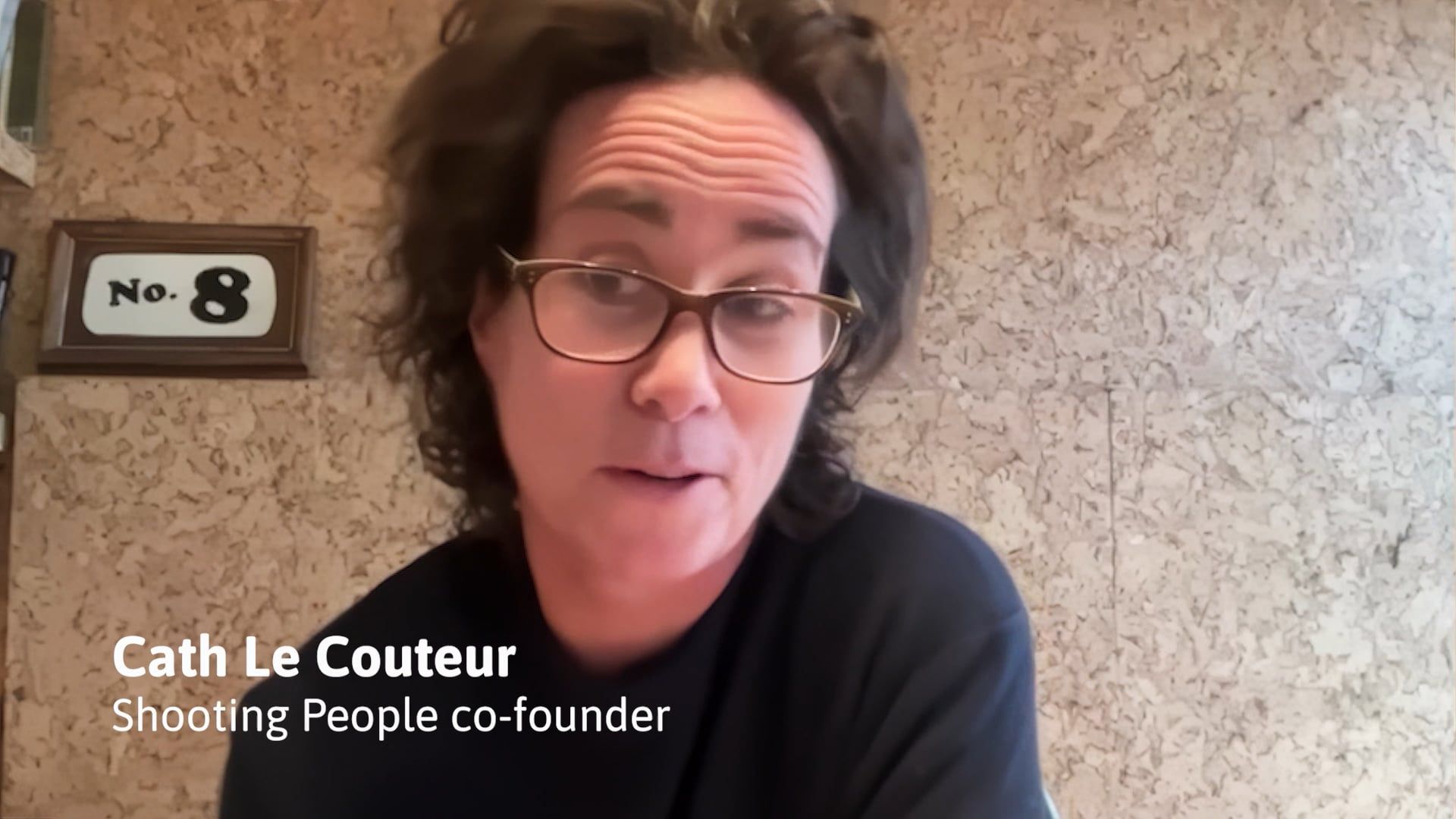 A photo of Cath Le Couteur against a corkboard backdrop. Her name is on a title card overlaid with 'Shooting People co-founder' underneath.