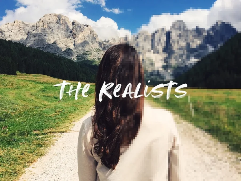 Poster for the Realists - a woman looks out a mountain range, the text 'The Realists' is overlayed.