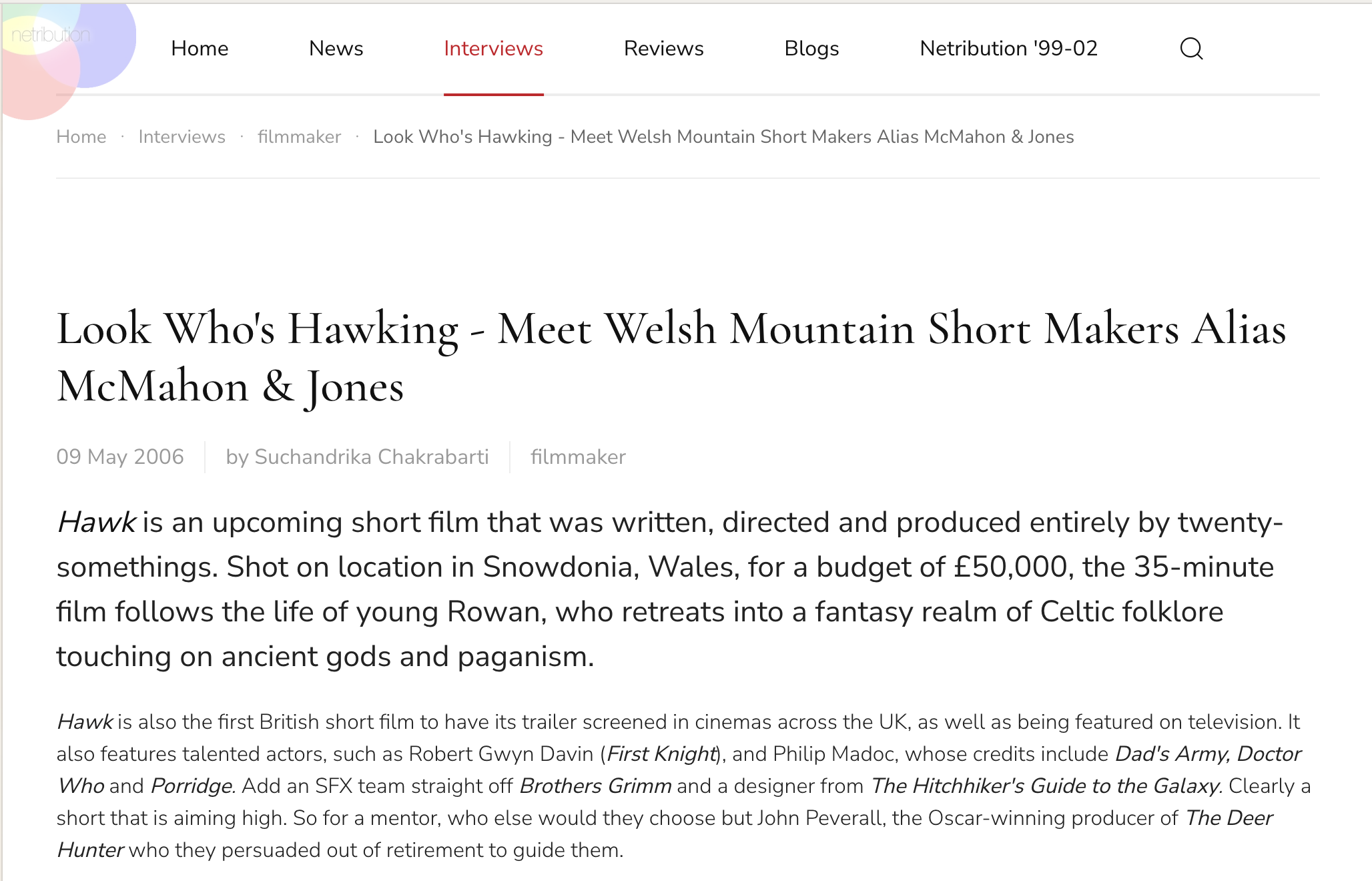 Screencap of Suchandrika's first article for Netribution in 2006 with title – "Look Who's Hawking - Meet Welsh Mountain Short Makers Alias McMahon & Jones"