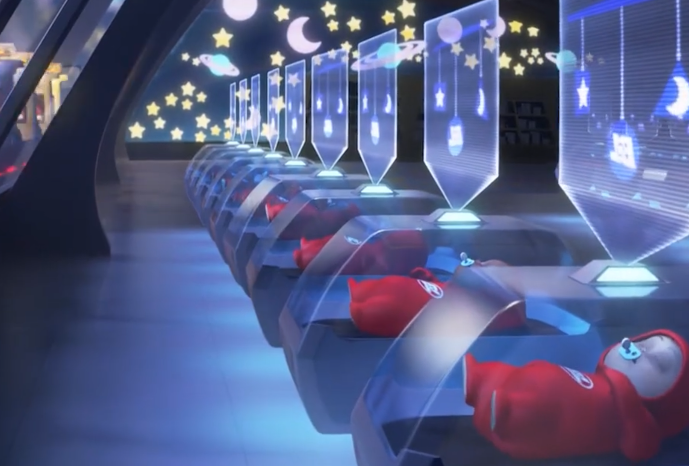 3D animated still from Wall*E: Babies asleep in cribs, watched over by uniform hologramatic mobile with a corporate BNL logo in the centre.