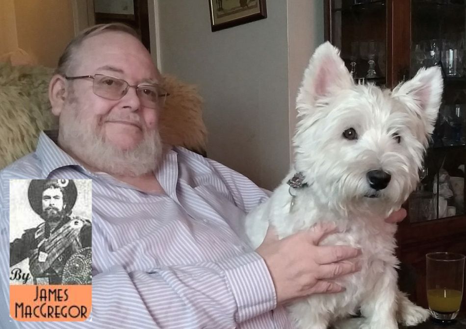 A man sits with a white dog in his lap. And overlay of an old kilt-dressed Scotsmans with 'by James MacGregor' sits alongside.