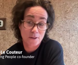 A photo of Cath Le Couteur against a corkboard backdrop. Her name is on a title card overlaid with 'Shooting People co-founder' underneath.