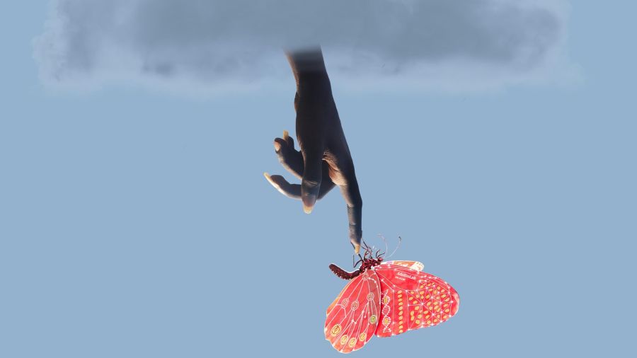 A finger coming out of a cloud and touching a bio-engineered semi-robotic butterfly
