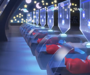 3D animated still from Wall*E: Babies asleep in cribs, watched over by uniform hologramatic mobile with a corporate BNL logo in the centre.